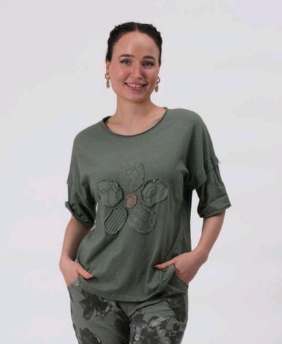 Green Cotton Top with Lace floral design