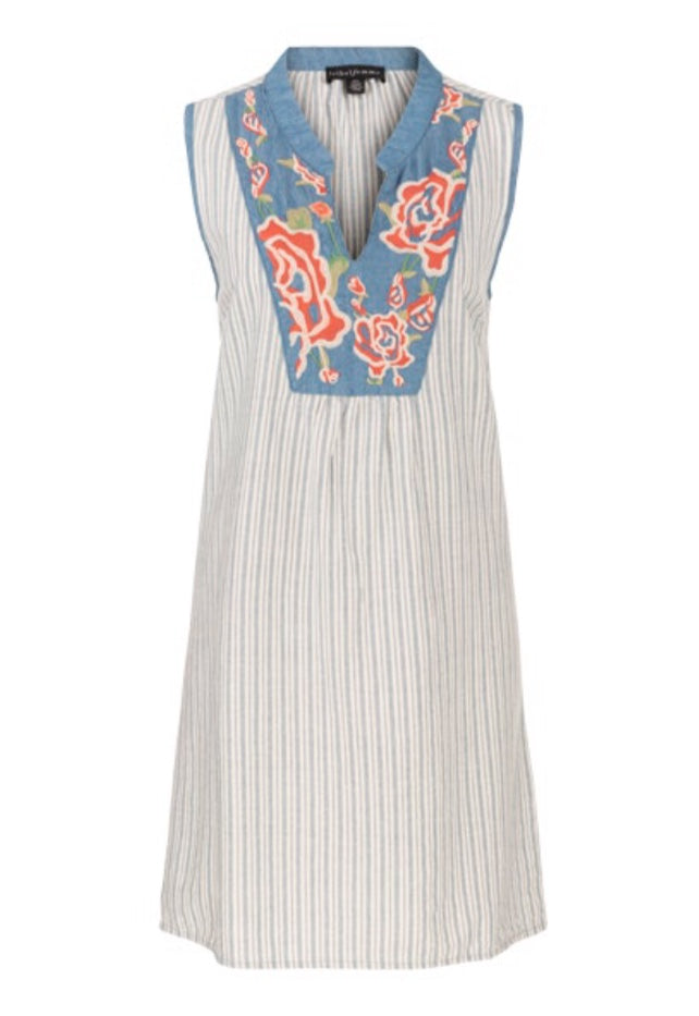 Vertical Stripe Flower embroidered V neck Tunic Dress