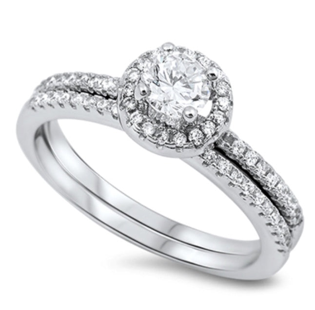 Round Halo wedding Sterling Silver Ring
