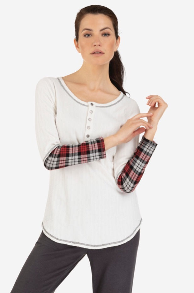 Henley Top Combo Plaid  Sleeve Print