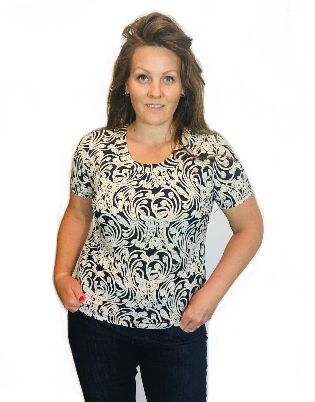 Navy Arabesque print top
