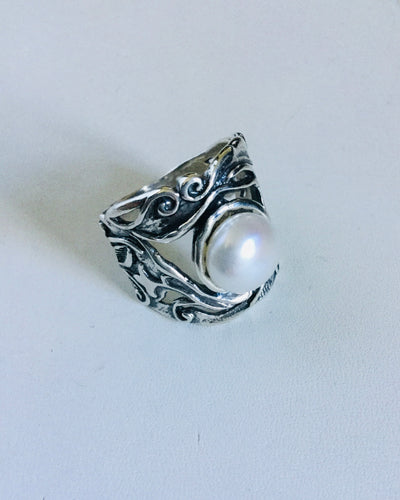 Pearl Shield Ring with ornate detailing