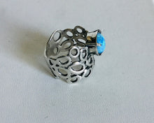 Sterling silver Circular cutout lab Blue Opal Ring.