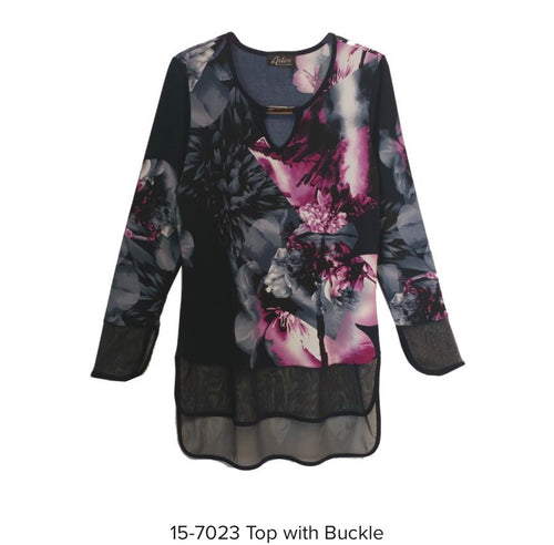 Floral Print Long Sleeve and Buckle detail on Neck line.     Artex