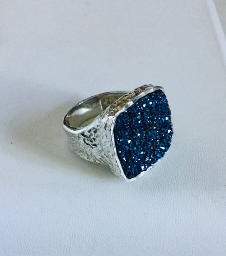 Blue Druzy sterling silver Ring