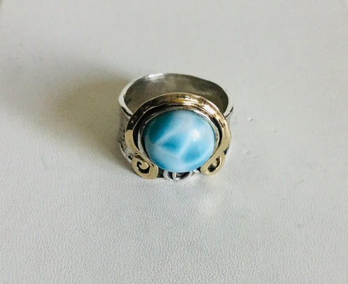 Sterling silver Genuine Larimar/ 14k Gold Ring