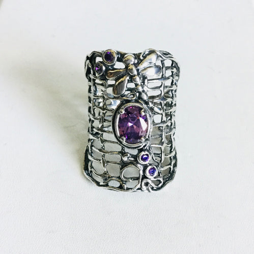 Sterling silver Dragonfly Amethyst Shield Ring