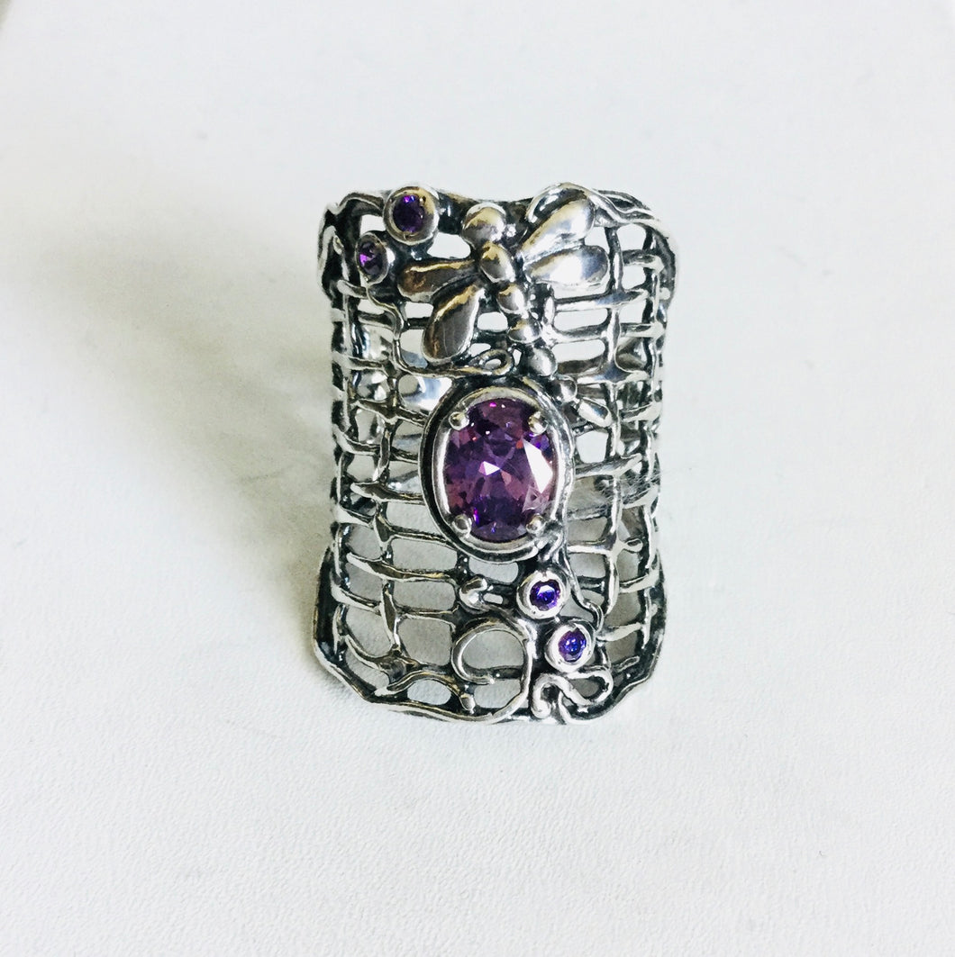 Sterling silver Dragonfly Amethyst Shield Ring