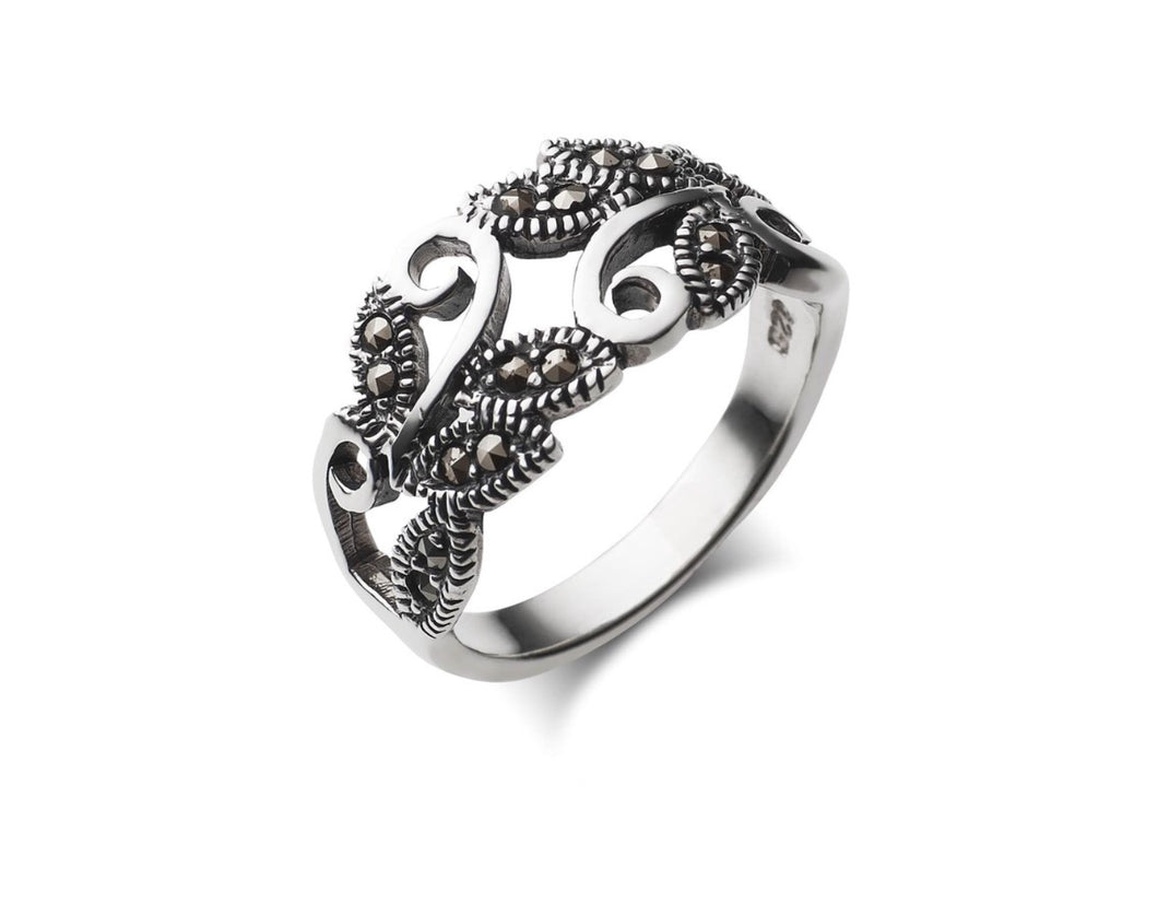 Sterling Silver Swirl Leaf Marcasite Ring