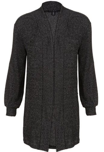 Soft, cozy cardigan sweater with pocket and ribbed texture, finished with a wide trim detail. This is a must have for the closet. Perfect for the office or curling up in a chair with a good book. You deserve it