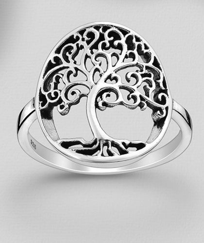 Sterling silver oxidized round Tree of life ring