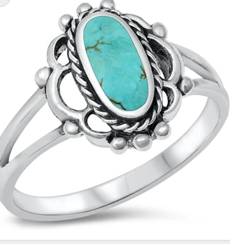 Filigree Oval Sterling silver Turquoise long beaded ring