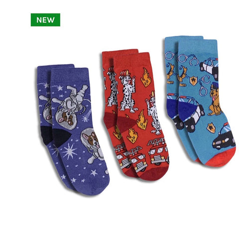 Astronaut, Fire Fighter, and Police Dogs kids socks