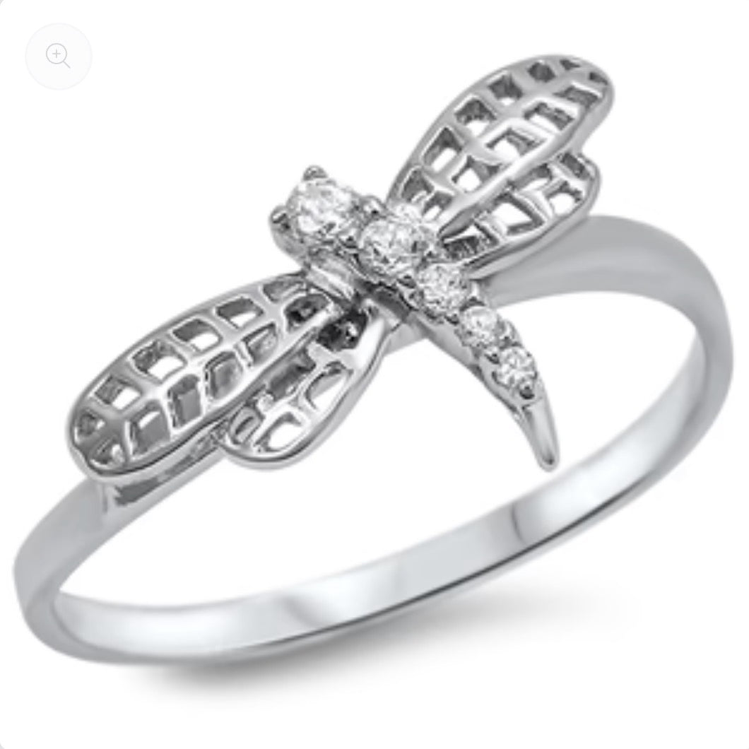 Sterling silver and CZ winged Dragonfly Ring