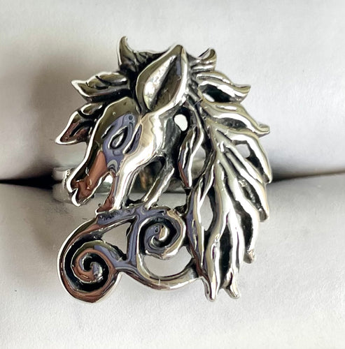 Vintage Sterling Silver Horse Ring 925 Bold Filigree Equestrian Stallion Band