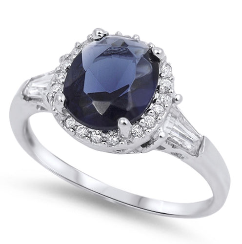 Sterling silver adorned Halo Blue Sapphire Tapered Baguette Ring
