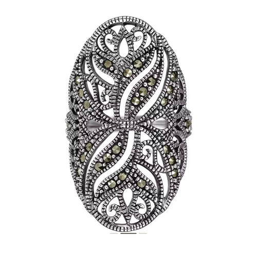stunning vintage-style marcasite ring. Crafted in 925 sterling silver with intricate filigree swirl details, this Art Deco statement ring adds antique charm.