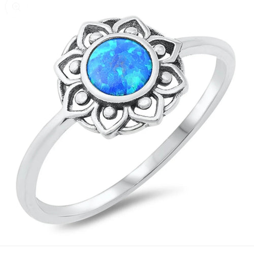 Bohemian Bali style Opal Sun Flower silver ring