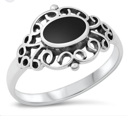Oval Black Agate Sterling silver ring