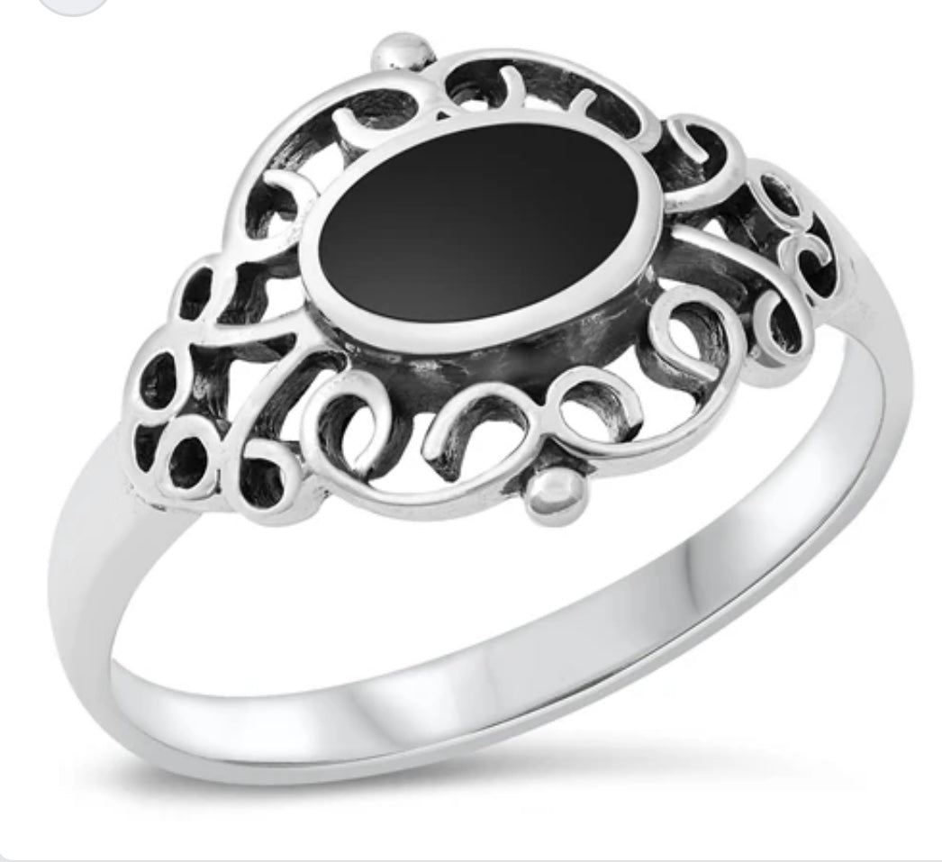 Oval Black Agate Sterling silver ring