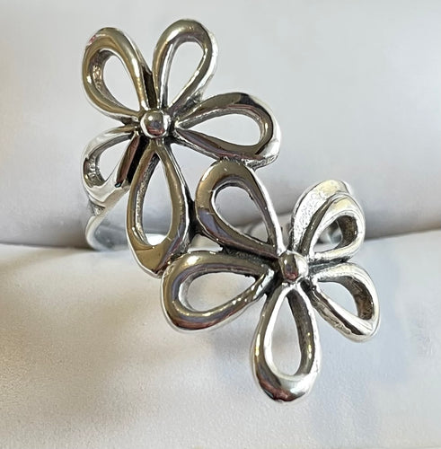 925 Sterling Silver Double Flower Ring | Dainty Boho Floral Stacking Ring