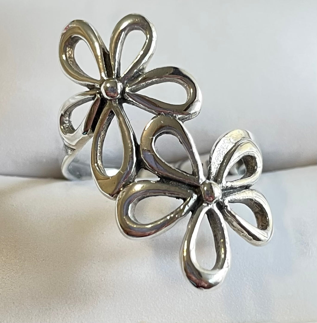 925 Sterling Silver Double Flower Ring | Dainty Boho Floral Stacking Ring