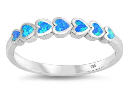 Lab Blue Opal sideways Heart silver ring