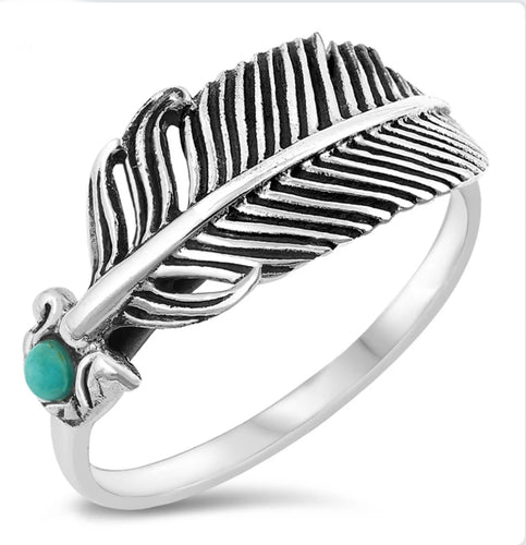 Wide Sterling silver feather with Turquoise accent