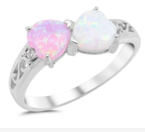Opal Double Heart kissing Sterling silver ring