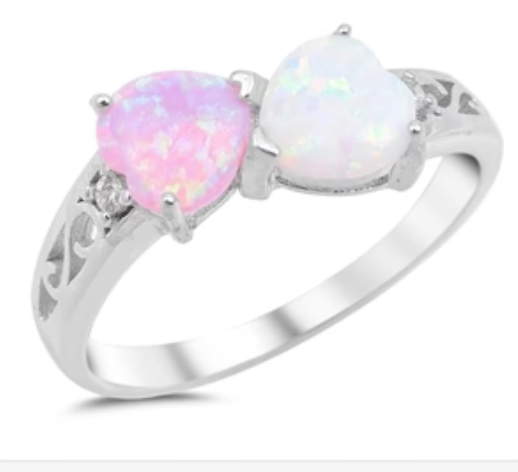 Opal Double Heart kissing Sterling silver ring