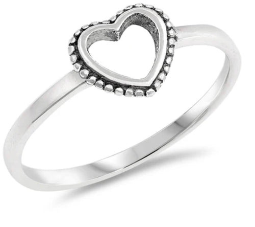 Single beaded sterling silver heart cutout ring