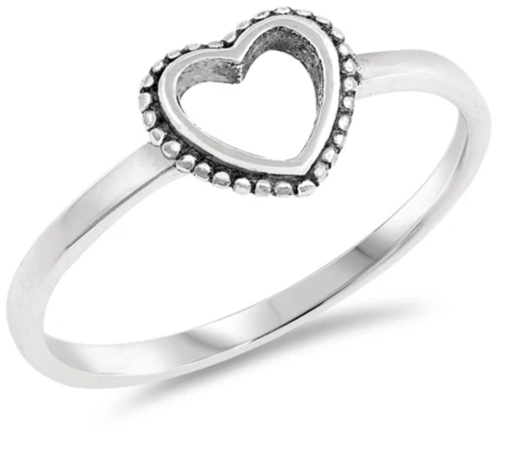 Single beaded sterling silver heart cutout ring