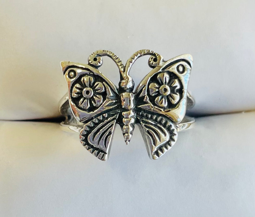 Vintage Sterling Silver Mariposa Ring 925 Wide Floral Butterfly Band