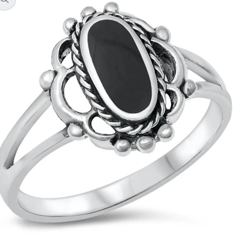 Filigree Black Agate long beaded silver ring
