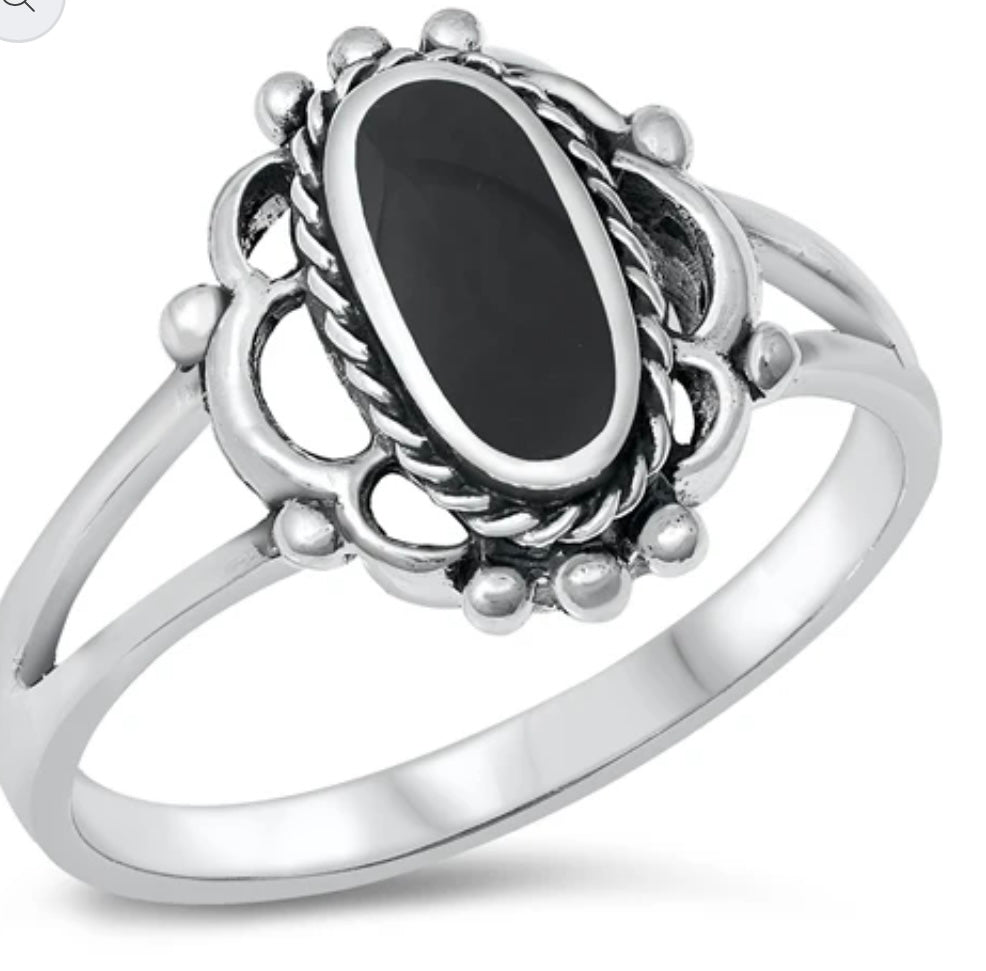 Filigree Black Agate long beaded silver ring
