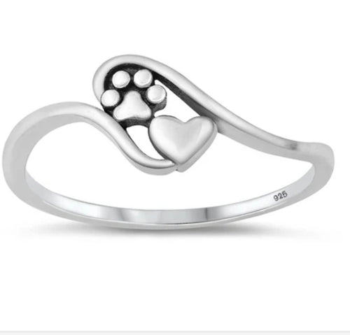 Paw print and Heart Sterling silver ring