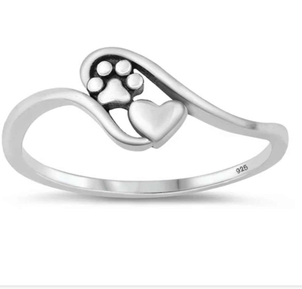 Paw print and Heart Sterling silver ring
