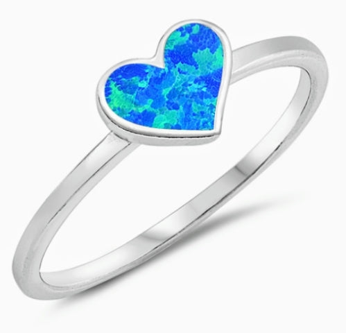 Simple single Blue Opal Heart Silver Ring