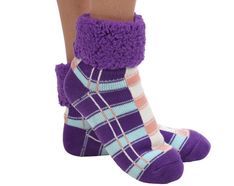 Women’s Plaid Cuffed Sherpa Linen Purple Sock/Slipper