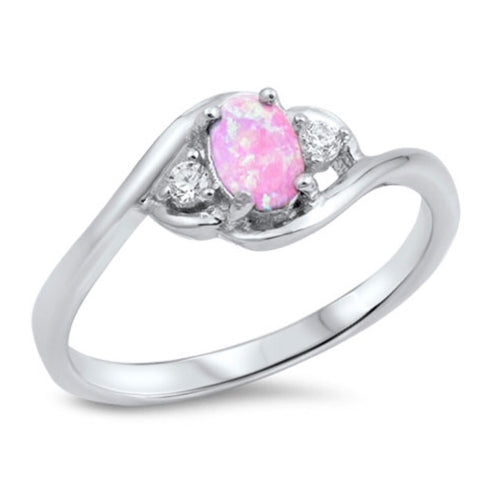 Pink Oval Opal / Cz Silver Ring