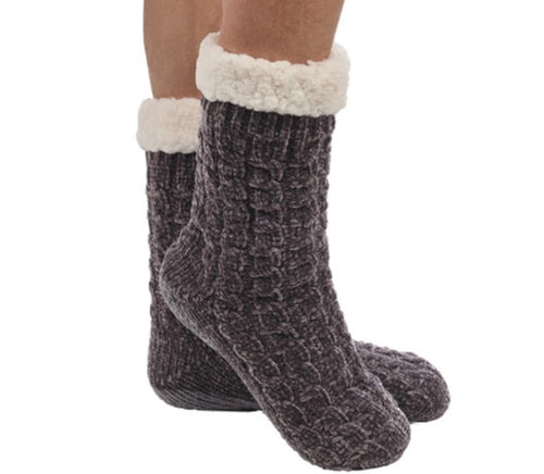Chenille Sherpa Lined Women’s Grey Slipper/Sock