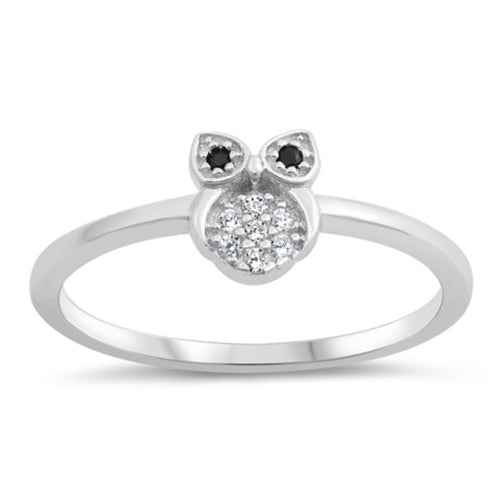 Single Owl/ Black, Clear Cz Stone Silver Ring