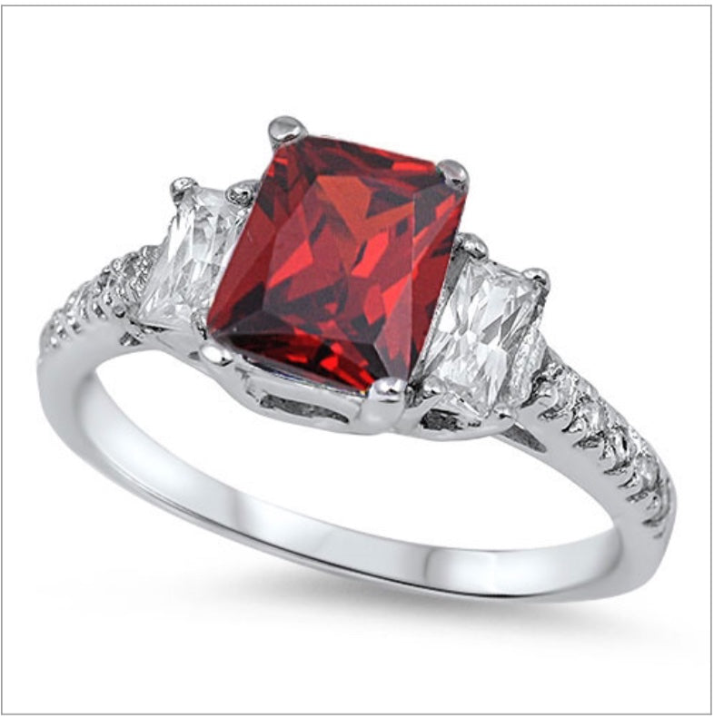 Square cut Cz Ruby set with Clear baguette Ring