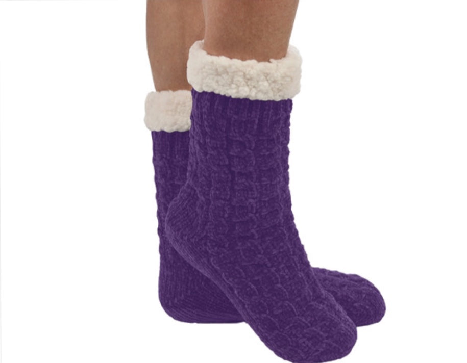 Chenille Cable Sherpa Lined Women’s Purple Sock/Slipper