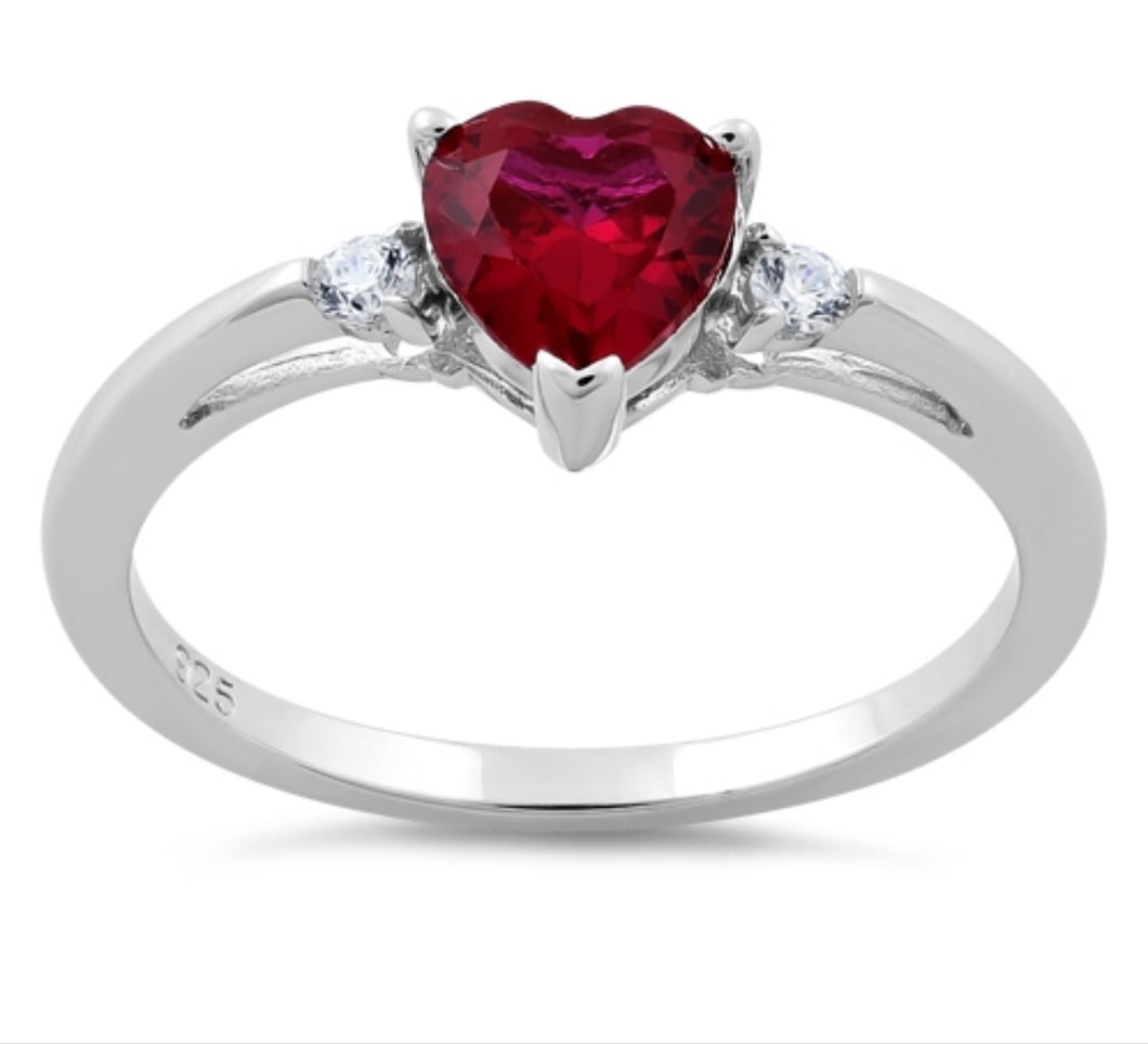 Ruby CZ Heart Silver Ring