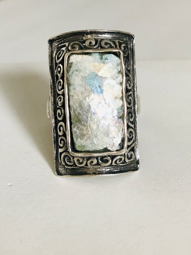 Rectangle shaped sterling silver Roman glass ring