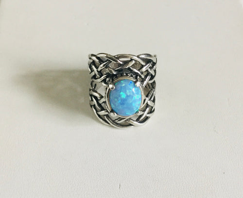Synthetic Blue Opal Ring with woven detailed band