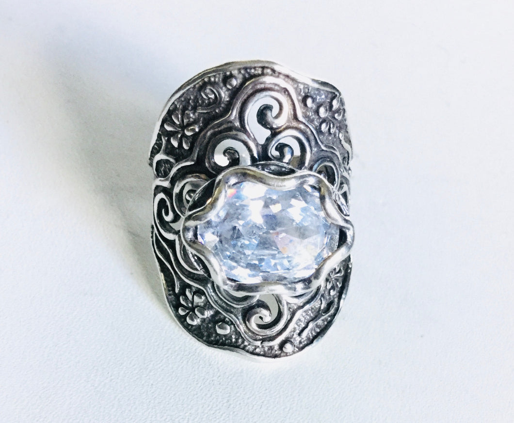 Sterling silver Cz filigree  Shield ring