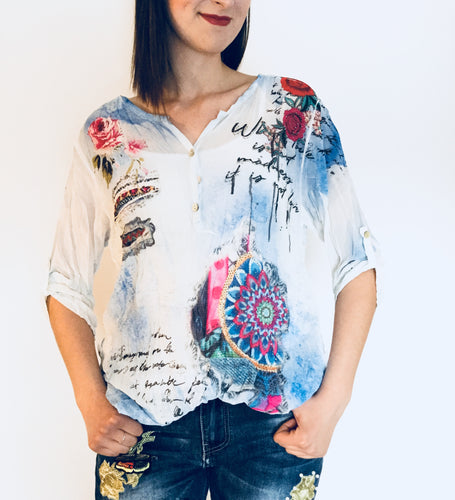Water color Floral Sequins Print Blouse