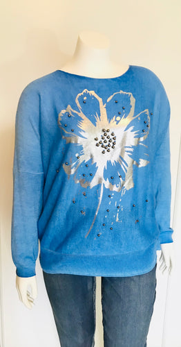 Knit Blue Foil Flower Pearl Top